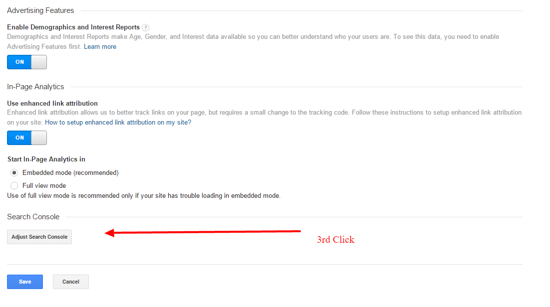 Settings page displaying options for Advertising Features, In-Page Analytics, and Search Console, with a red arrow pointing to a button labeled "Adjust Search Console.