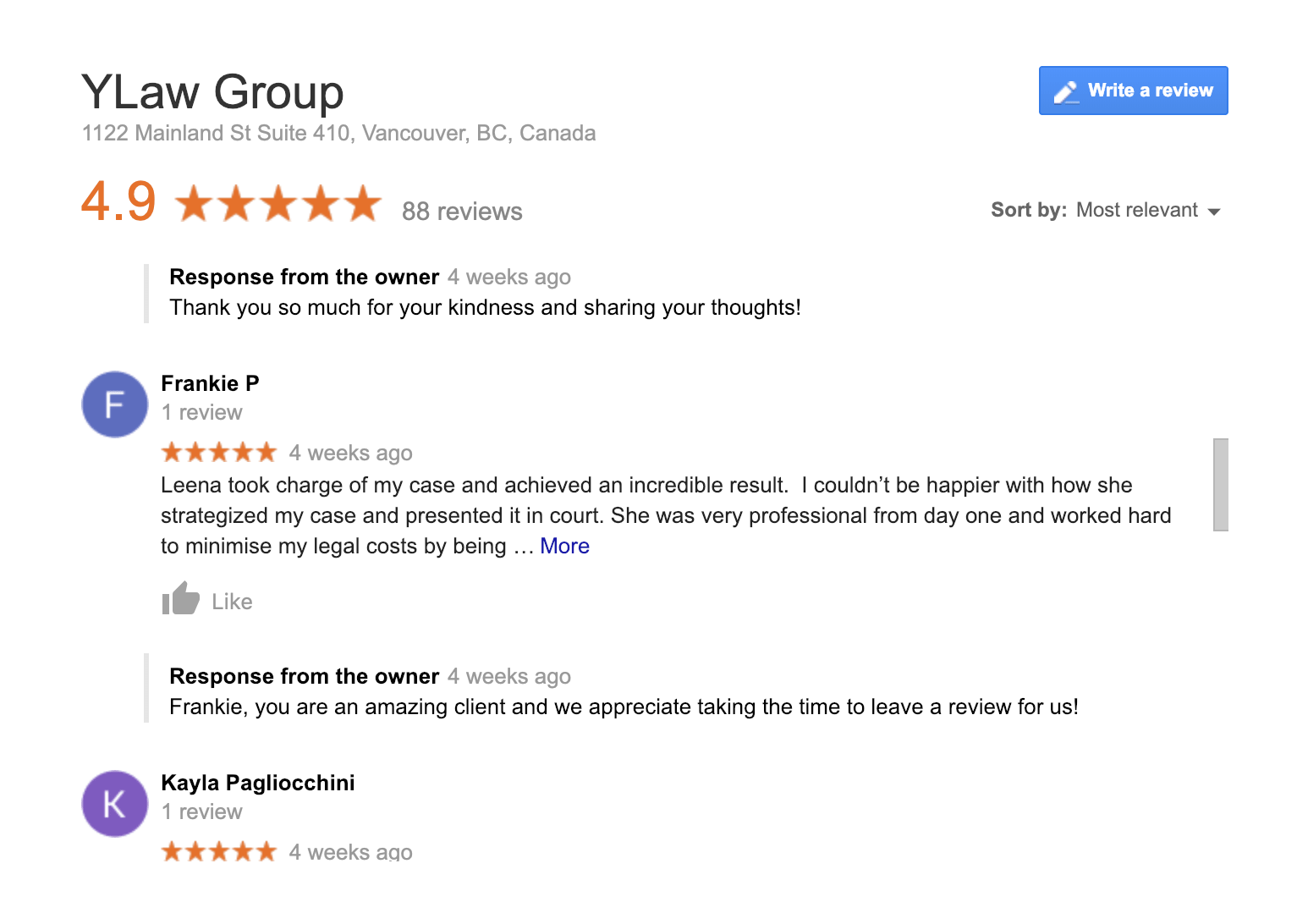 Screenshot of a YLaw Group Google reviews page, showcasing a stellar 4.9-star rating from 88 reviews. Highlighted feedback from Frankie P and Kayla Pagliocchini is prominently featured, along with thoughtful responses from the business owner—an example straight out of How To Manage Online Business Reviews: A Simple Guide.