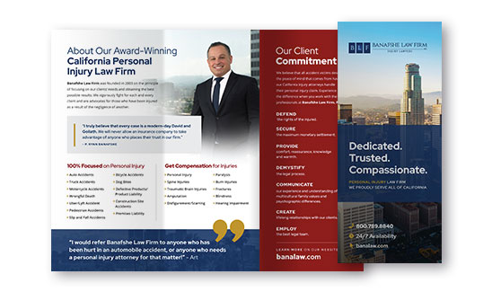 Brochure for Banashile Law Firm featuring attorney portrait, accolades, client commitment details, and contact information, with a cityscape background image.