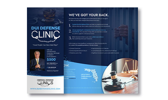 Tri-fold brochure for DUI Defense Clinics displaying service details, contact information, promotional offer, a man's portrait, handcuffs, hands gripping jail bars, a map of Florida, and a gavel.
