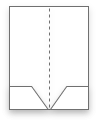 A diagram depicting a folded piece of paper with a centered vertical dashed line and two horizontal cuts along the bottom edges, forming a trapezoid shape at the lower center.