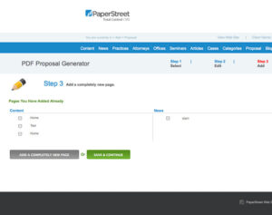 Screenshot of the PaperStreet PDF Proposal Generator showing Step 3 for adding a new page to the proposal. Options to add, remove, or save pages are available on the interface.