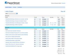A project management dashboard showing task lists, status updates, time tracking, and a timer for various projects under different users. Project titles, status, and logged hours are displayed in tabular format.