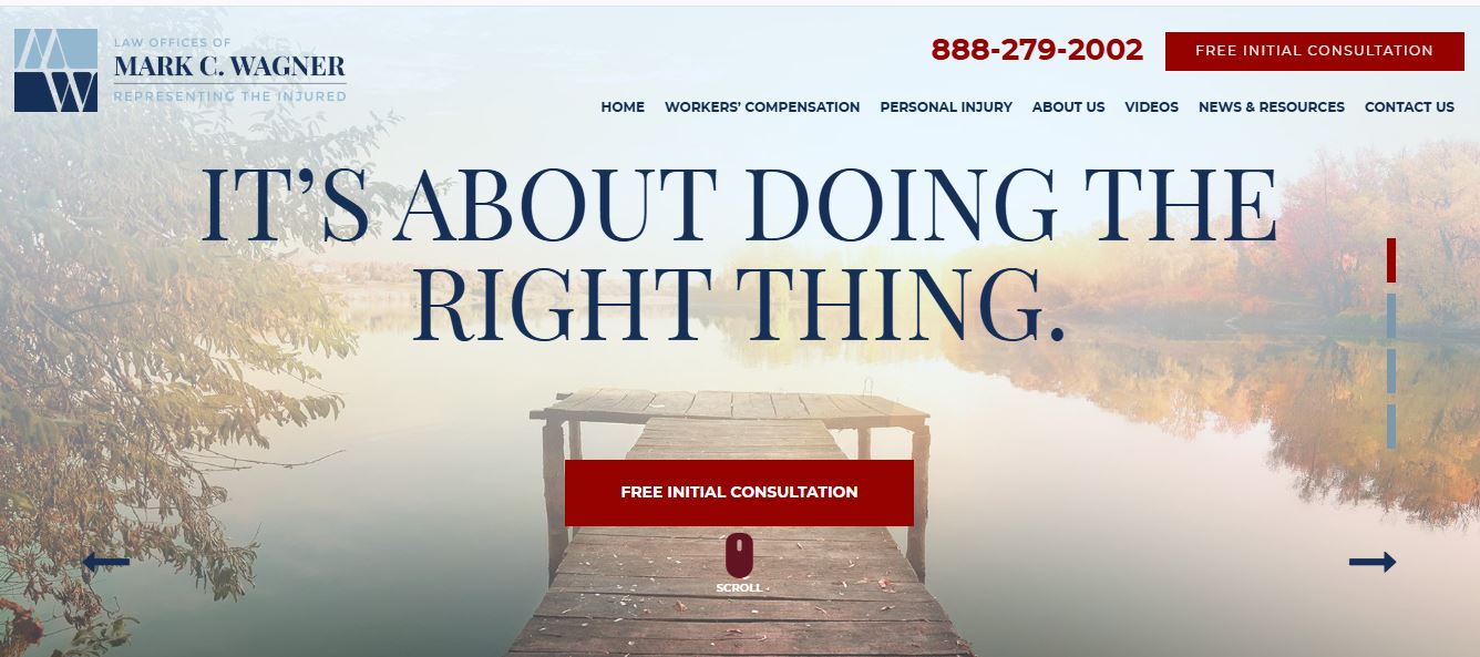 A wooden dock extends over a calm lake with text promoting legal services for injury cases.