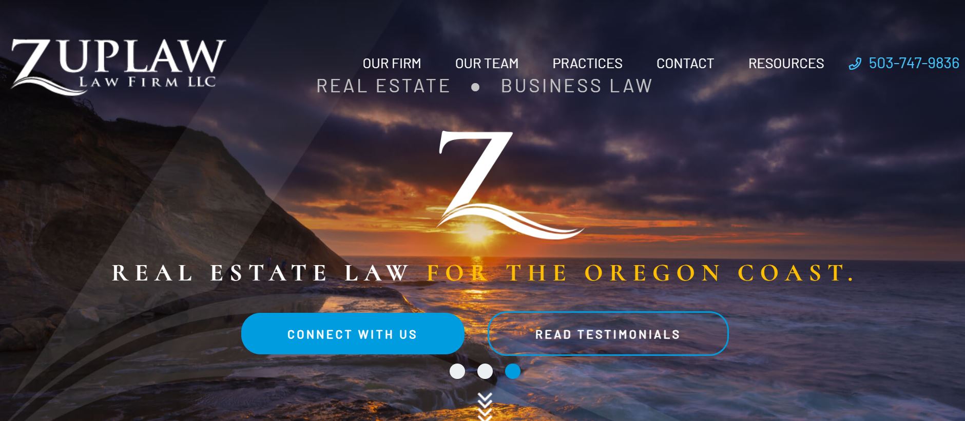 Website homepage for Zuplaw Law Firm with menu options and a coastal background at sunset.